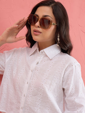 White Schiffli Back Tie Crop Shirt-SASSAFRAS