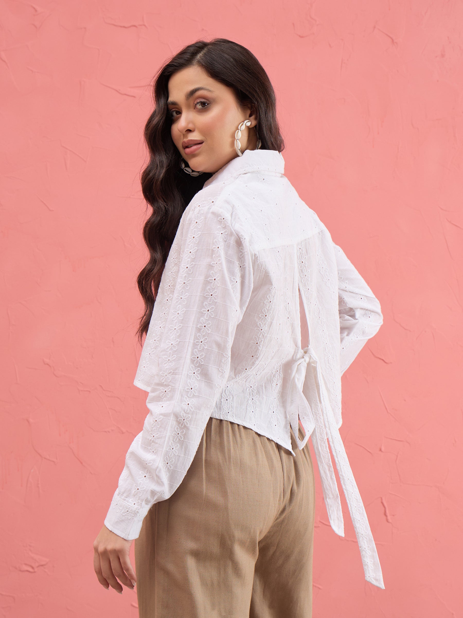 White Schiffli Back Tie Crop Shirt-SASSAFRAS