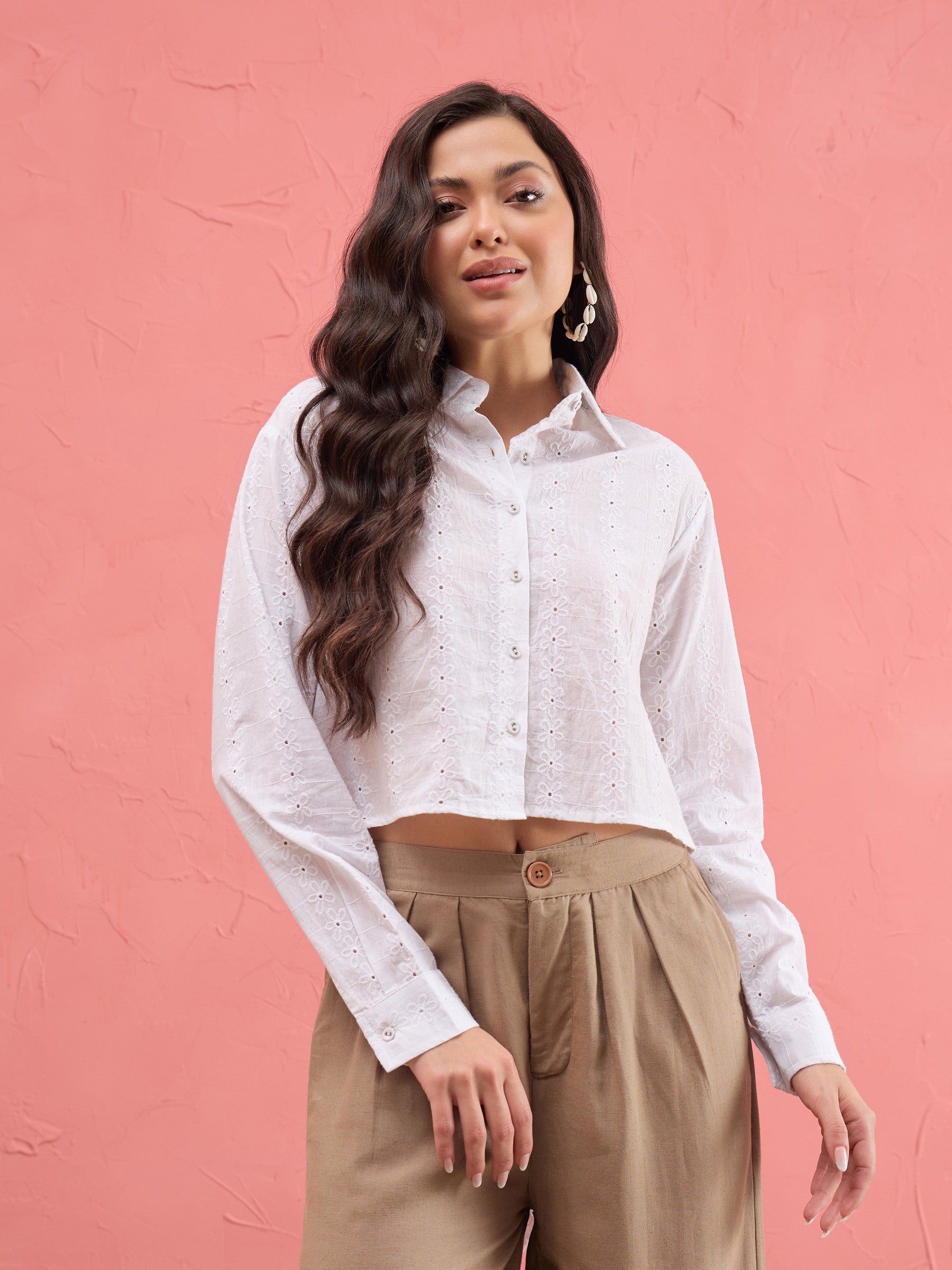 Women White Schiffli Back Tie Crop Shirt