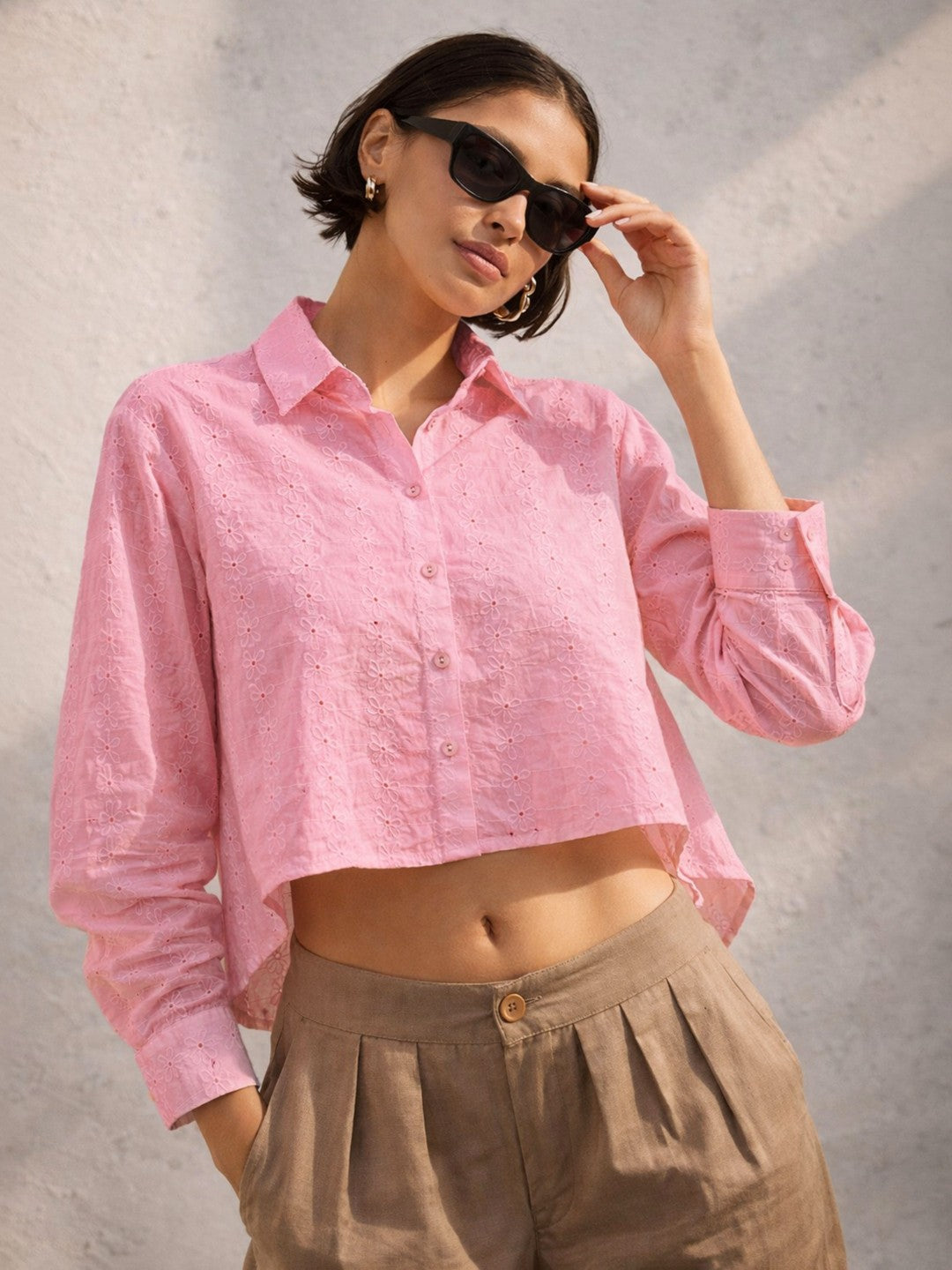 Pink Schiffli Back Tie Crop Shirt-SASSAFRAS