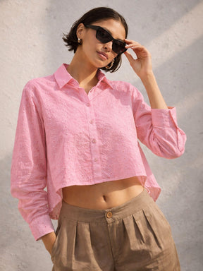 Pink Schiffli Back Tie Crop Shirt-SASSAFRAS