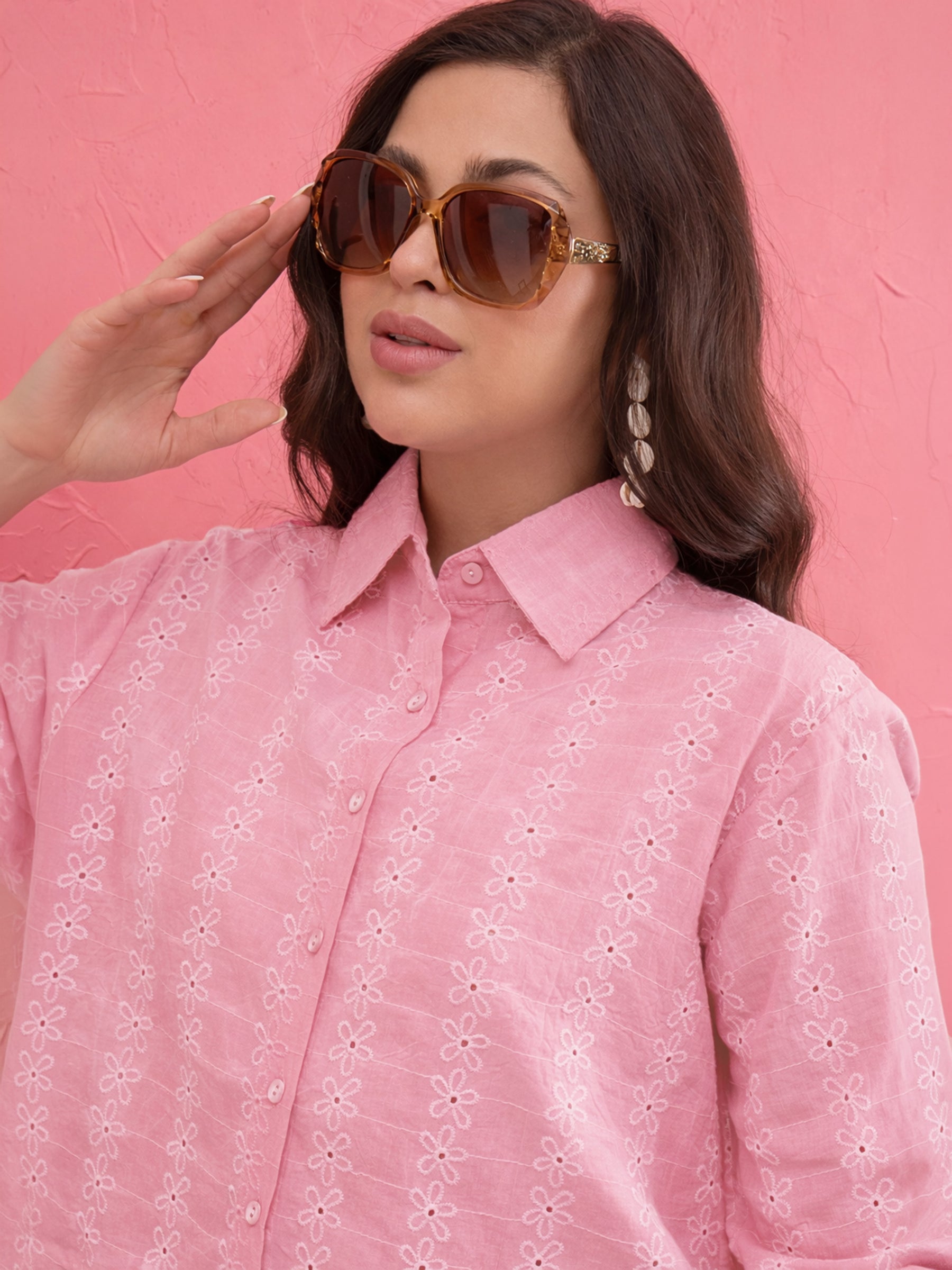 Pink Schiffli Back Tie Crop Shirt-SASSAFRAS