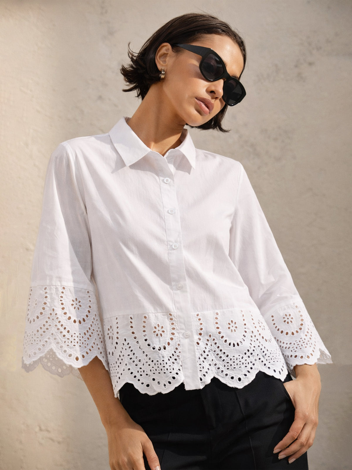 White Poplin Scallop Hem Regular Shirt-SASSAFRAS