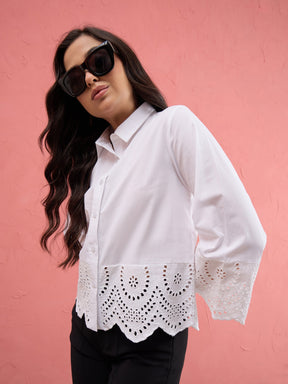 White Poplin Scallop Hem Regular Shirt-SASSAFRAS
