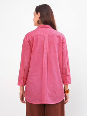 Women Pink Linen High-Low Oversize Shirt