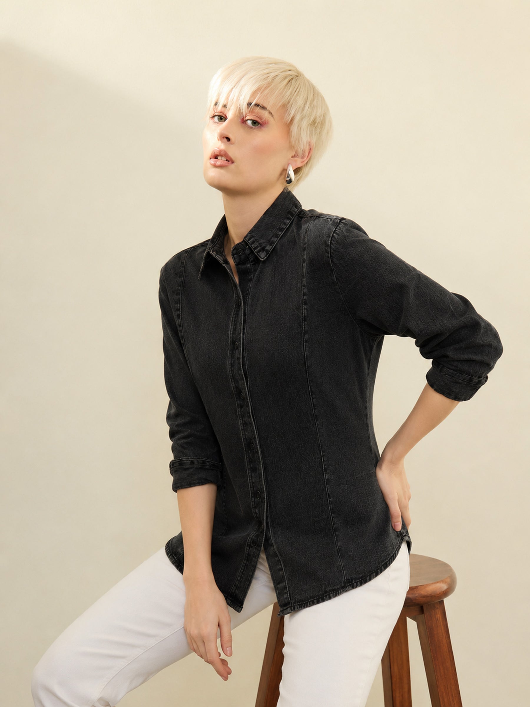 Black Denim Slim Fit Shirt -SASSAFRAS