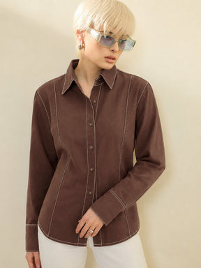 Brown Wash Denim Slim Fit Shirt -SASSAFRAS