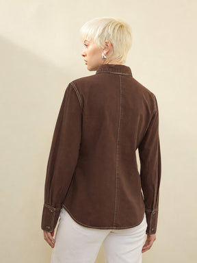 Brown Wash Denim Slim Fit Shirt -SASSAFRAS