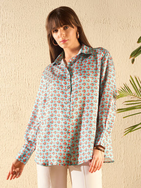 Blue Ditsy Floral Satin Shirt-SASSAFRAS