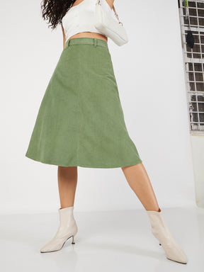 Women Olive Corduroy A-Line Midi Skirt