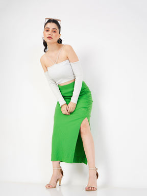 Women Green Rib Front Ruched Midi Skirt