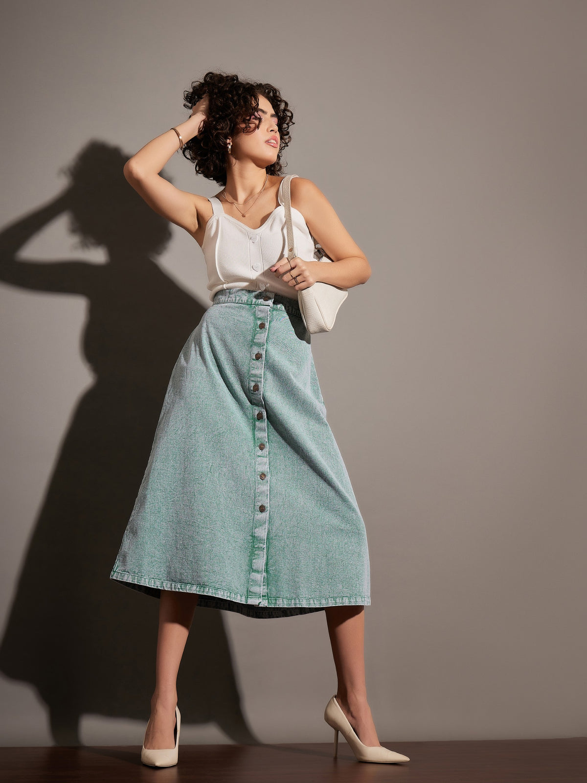 Women Green Washed Denim A-Line Skirt