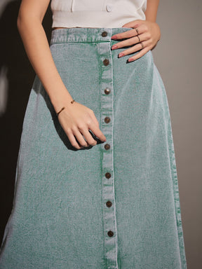 Women Green Washed Denim A-Line Skirt