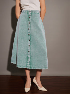 Women Green Washed Denim A-Line Skirt