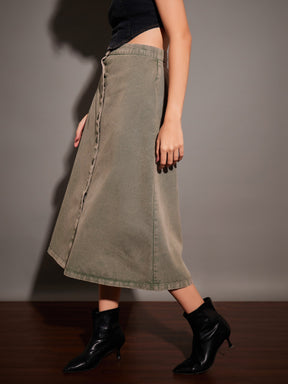 Women Beige Washed Denim A-Line Skirt