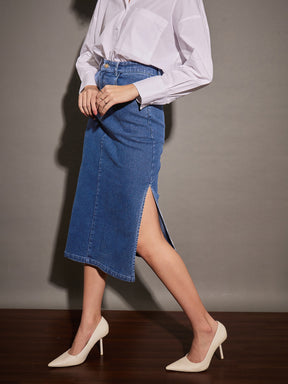 Women Ice Blue Denim Side Slit Midi Skirt