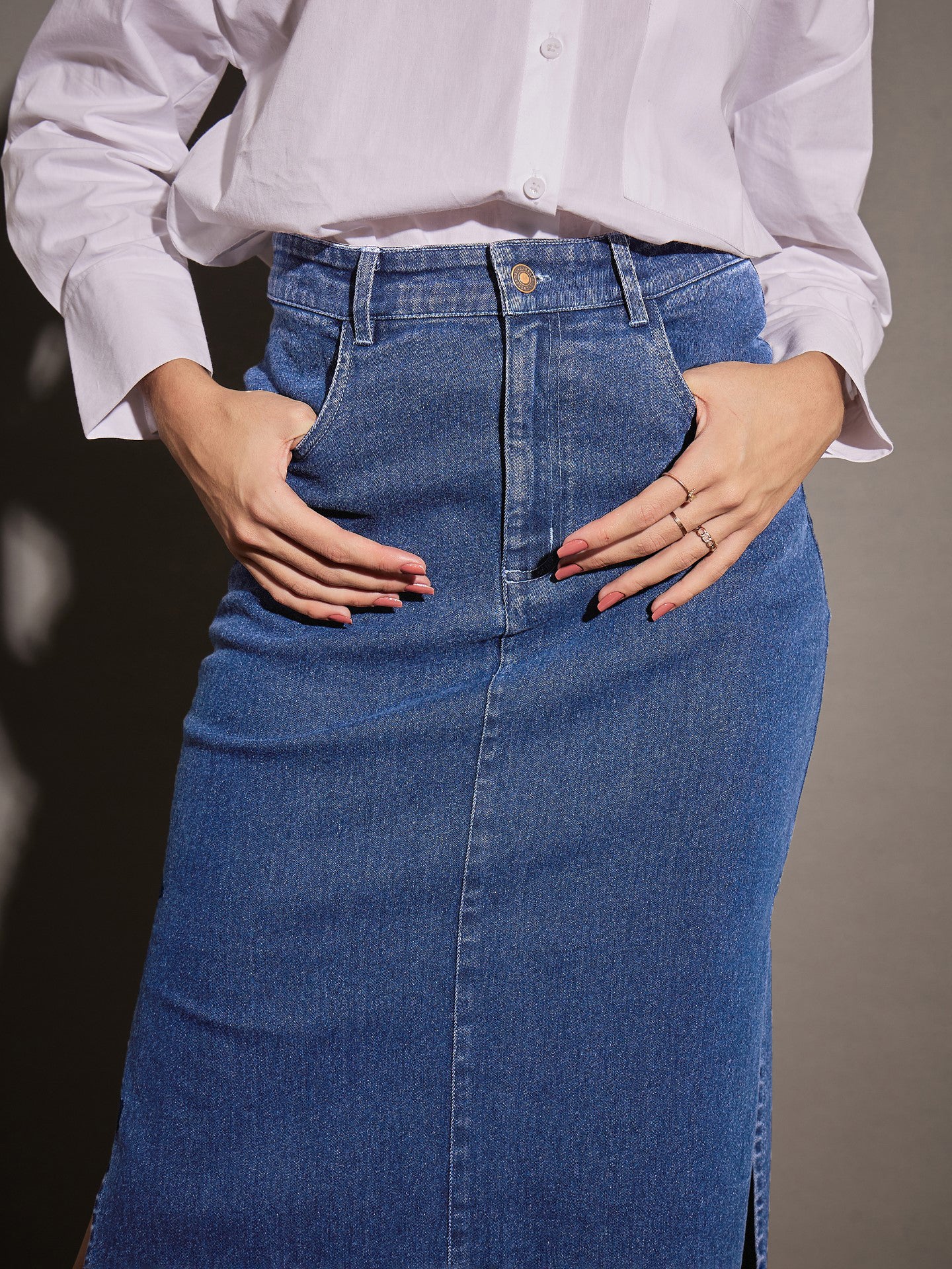 Long denim skirt with side slits best sale