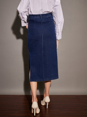 Women Navy Denim Side Slit Midi Skirt