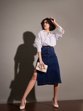 Women Navy Denim Side Slit Midi Skirt