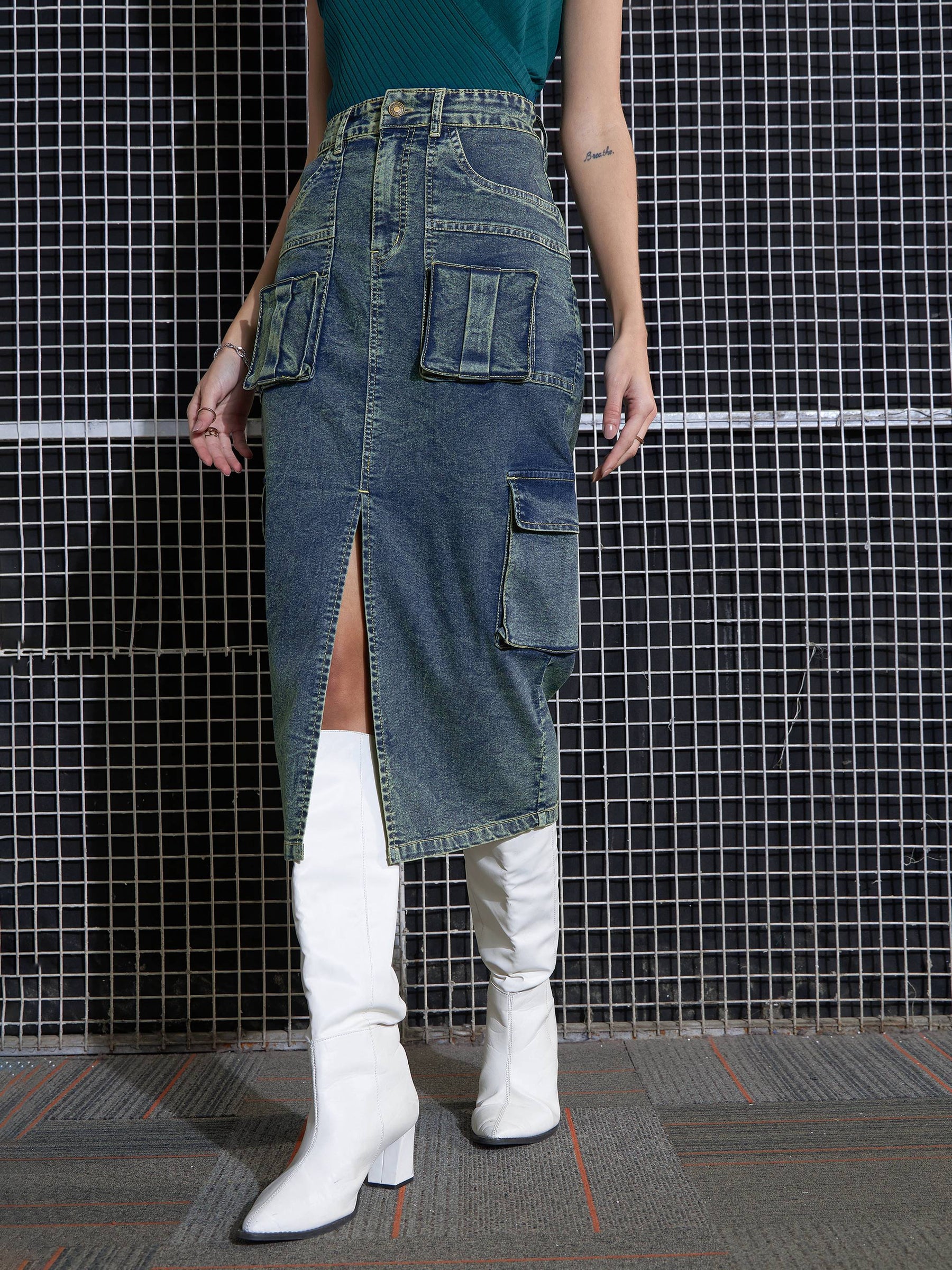 Women Green Washed Denim Box Pocket Midi Skirt - Main Image