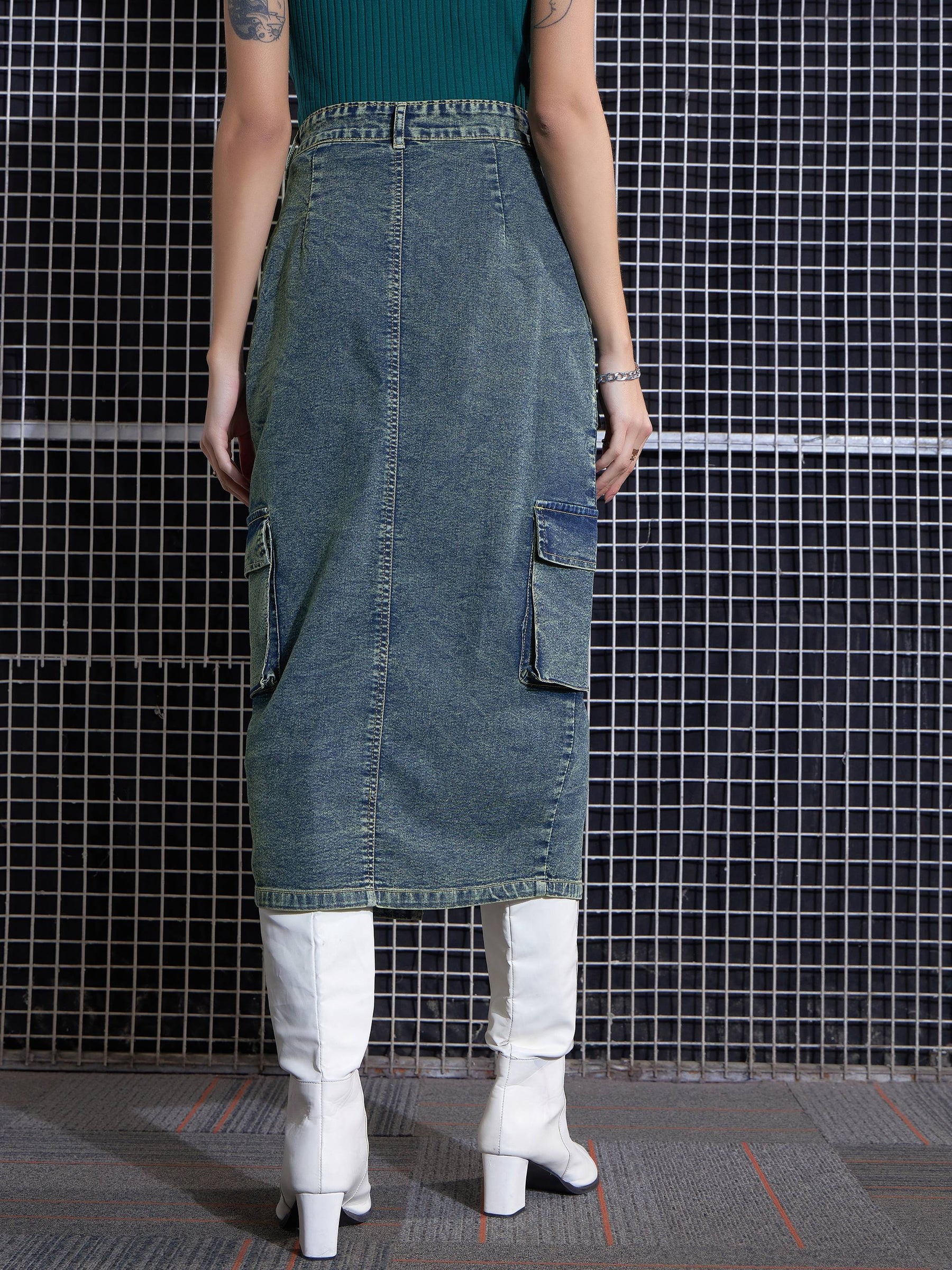 Green Washed Denim Box Pocket Midi Skirt-SASSAFRAS