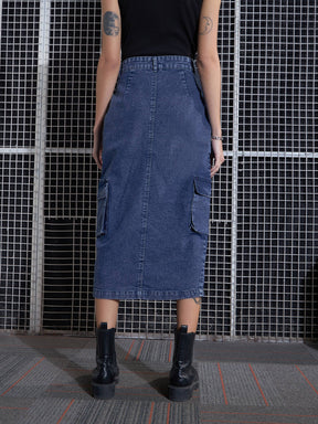 Blue Washed Denim Box Pocket Midi Skirt-SASSAFRAS