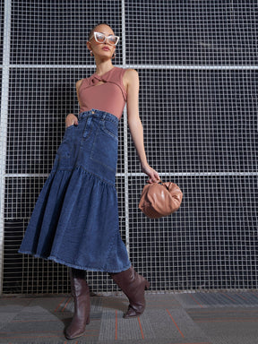 Blue Blast Denim Flared Midi Skirt-SASSAFRAS