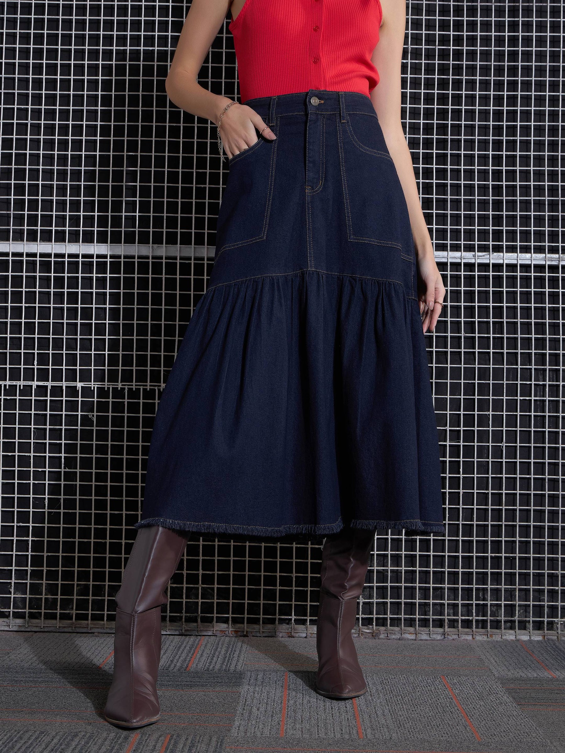 Women Navy Blast Denim Flared Midi Skirt - Main Image