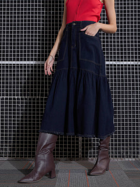 Navy Blast Denim Flared Midi Skirt-SASSAFRAS