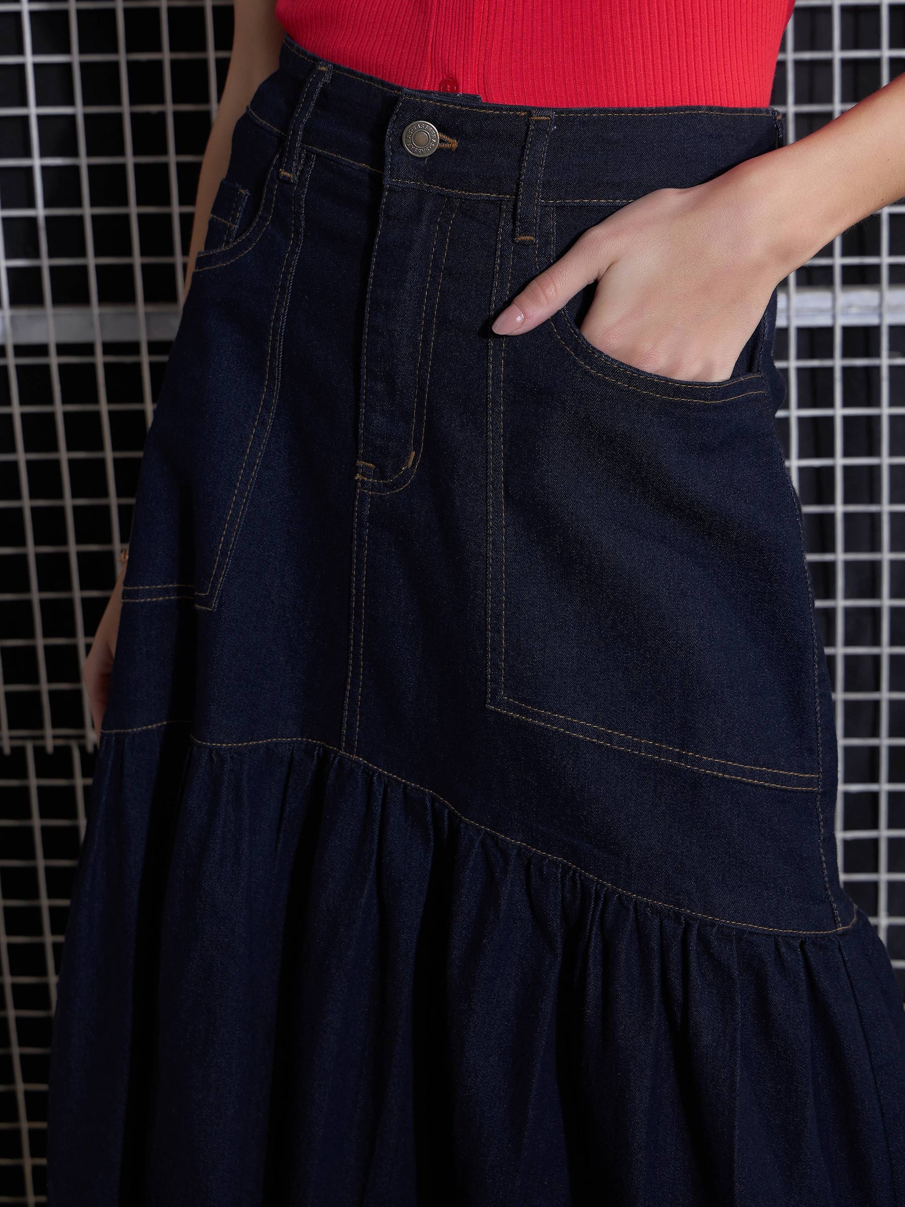 Navy Blast Denim Flared Midi Skirt-SASSAFRAS