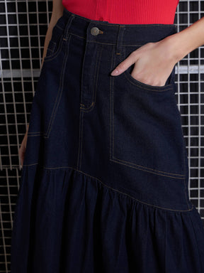 Navy Blast Denim Flared Midi Skirt-SASSAFRAS