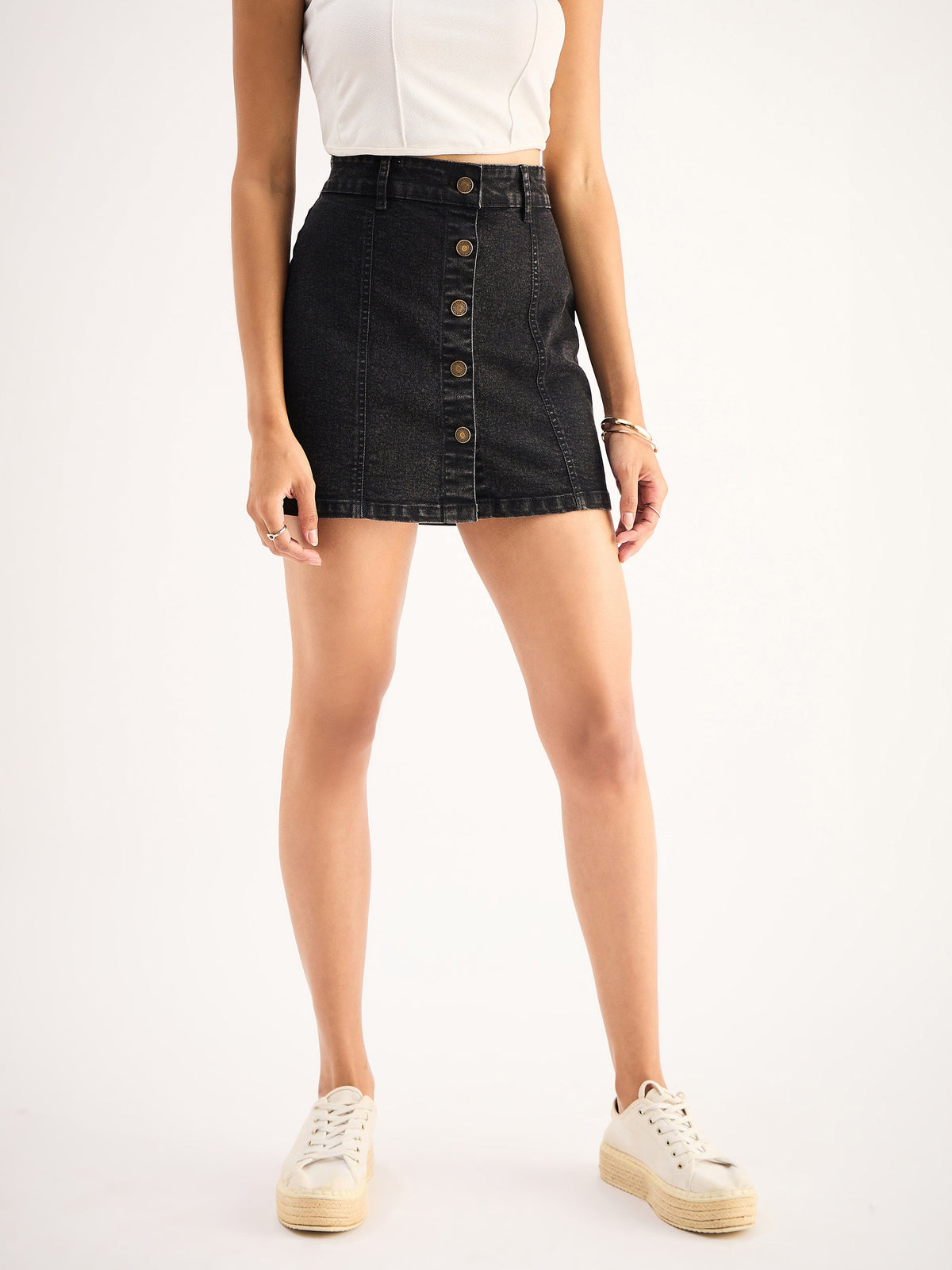 Black Denim Front Button A-Line Mini Skirt-SASSAFRAS BASICS