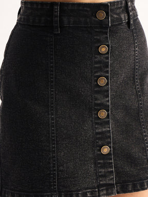 Black Denim Front Button A-Line Mini Skirt-SASSAFRAS BASICS