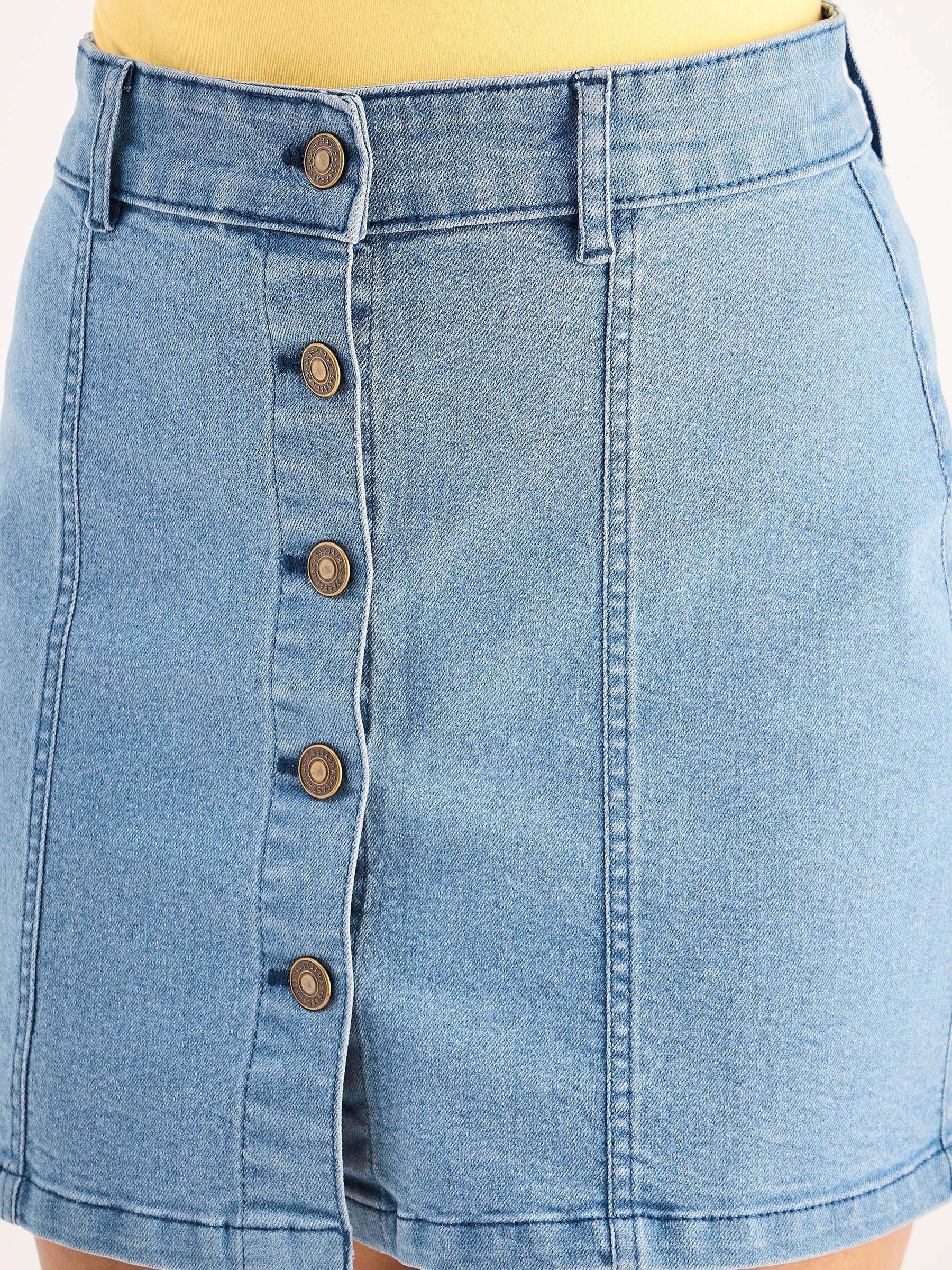 Blue Denim Front Button A-Line Mini Skirt-SASSAFRAS BASICS