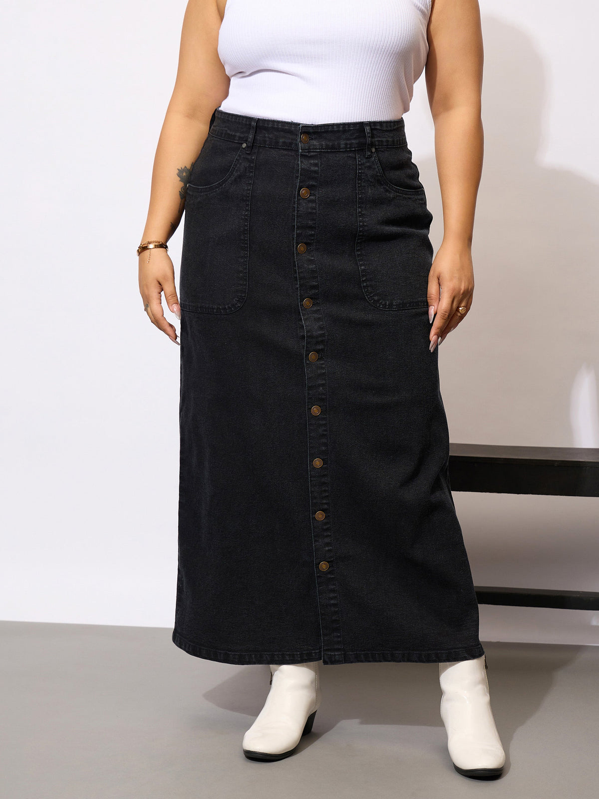 Black Denim Acid Wash Front Button Skirt-SASSAFRAS Curve