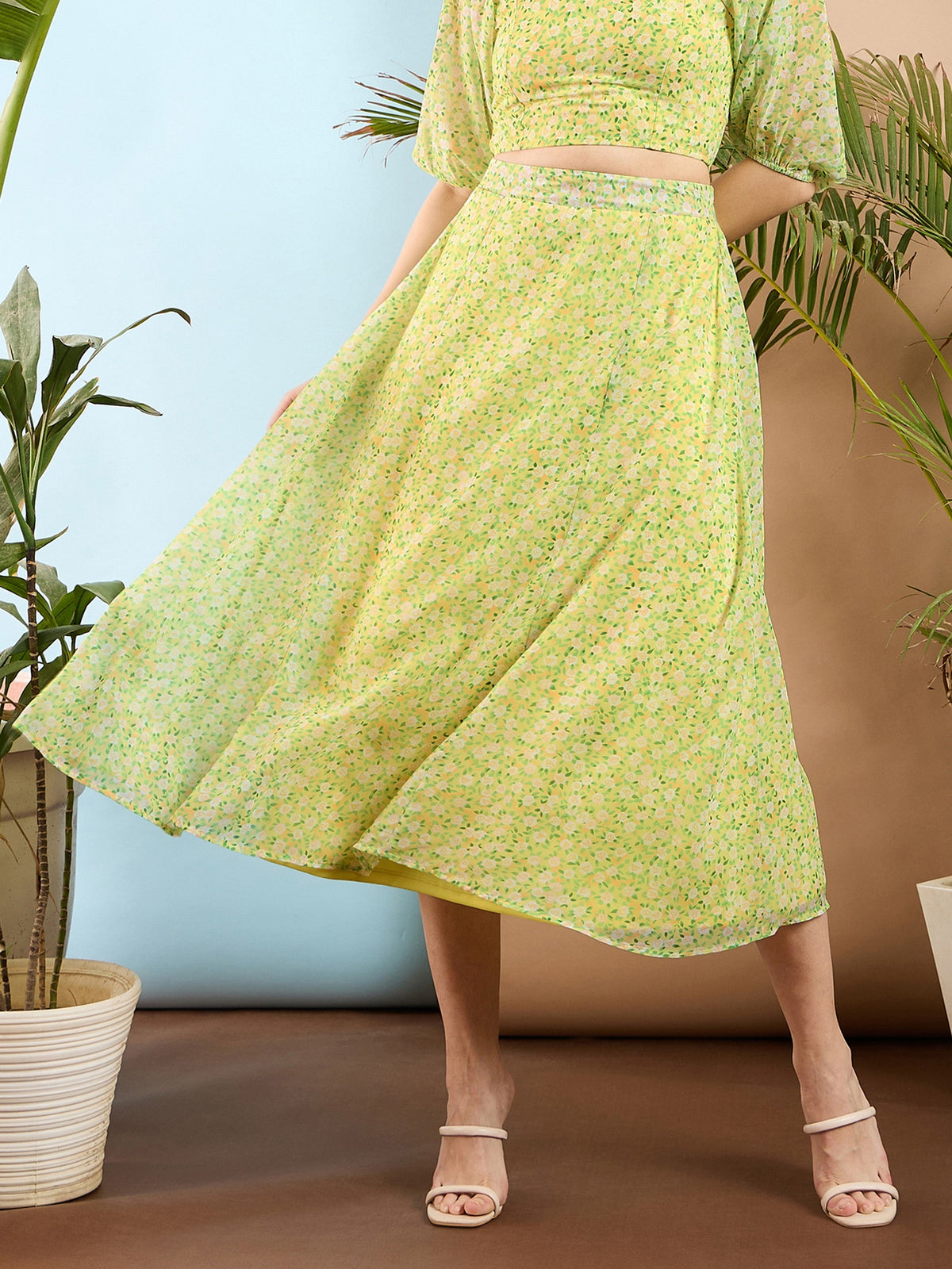 Lime Yellow Ditsy Floral Flared Midi Skirt-SASSAFRAS