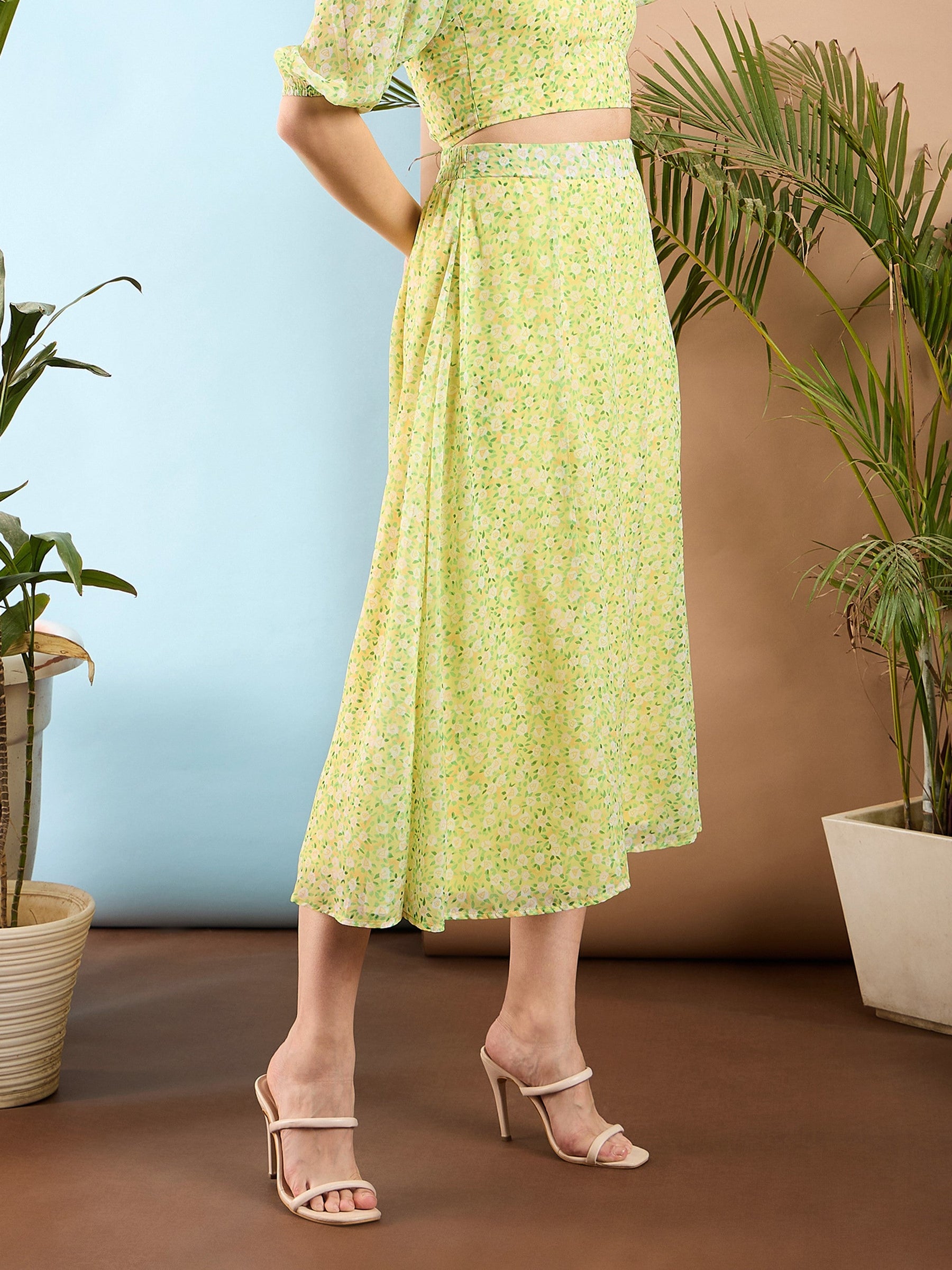 Women Lime Yellow Ditsy Floral Flared Midi Skirt