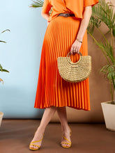 Orange Accordion Pleated Midi Skirt-SASSAFRAS