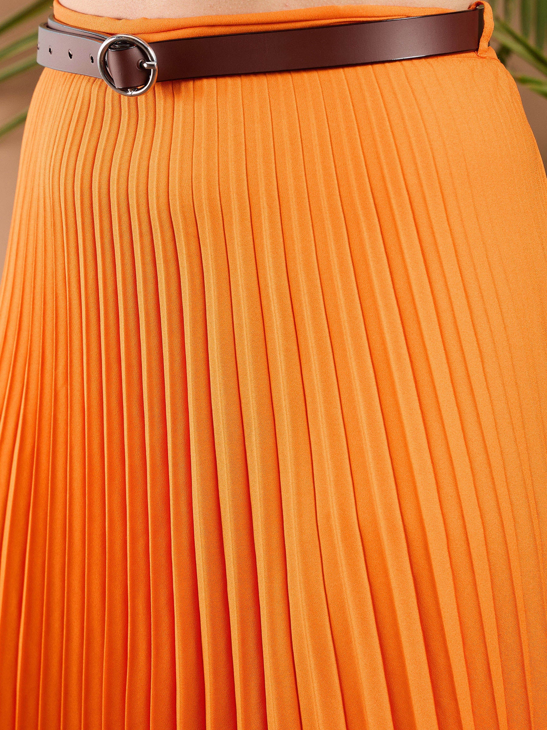 Orange Accordion Pleated Midi Skirt-SASSAFRAS