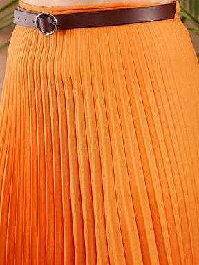 Orange Accordion Pleated Midi Skirt-SASSAFRAS