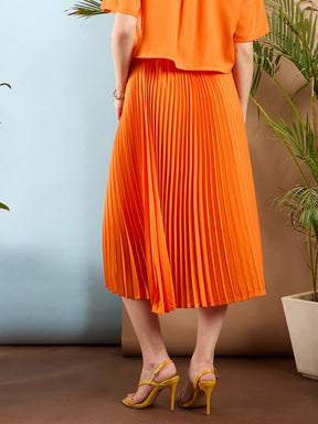 Orange Accordion Pleated Midi Skirt-SASSAFRAS