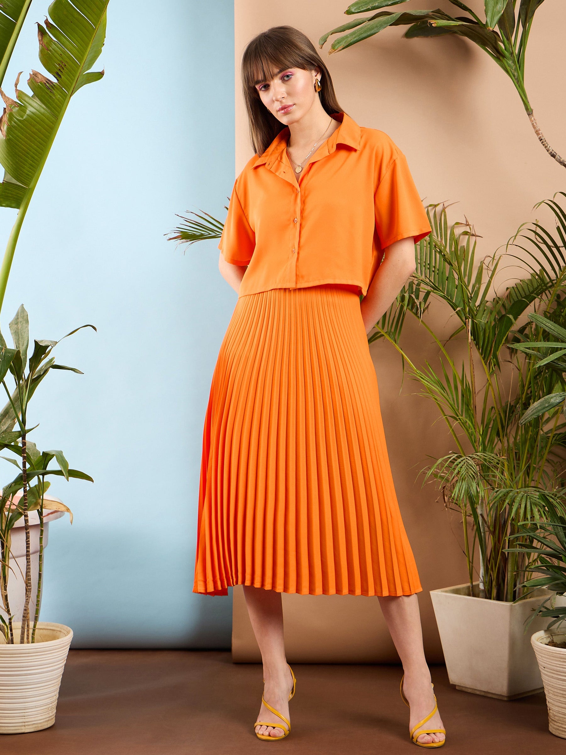 Orange Accordion Pleated Midi Skirt-SASSAFRAS