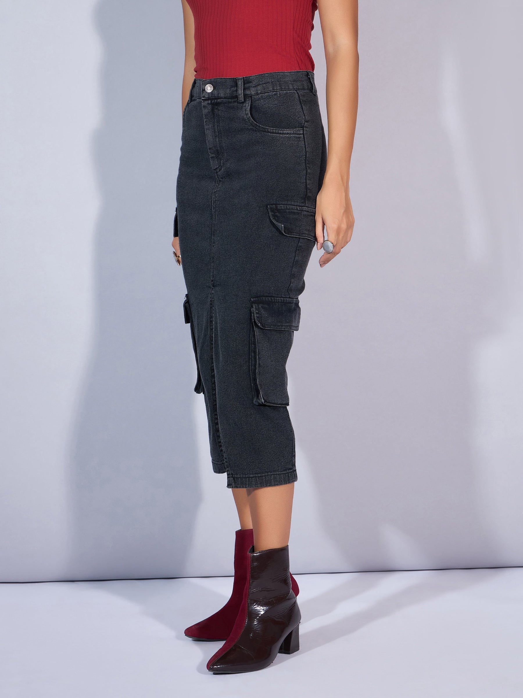 Black Denim Box Pocket Front Slit Midi Skirt-SASSAFRAS