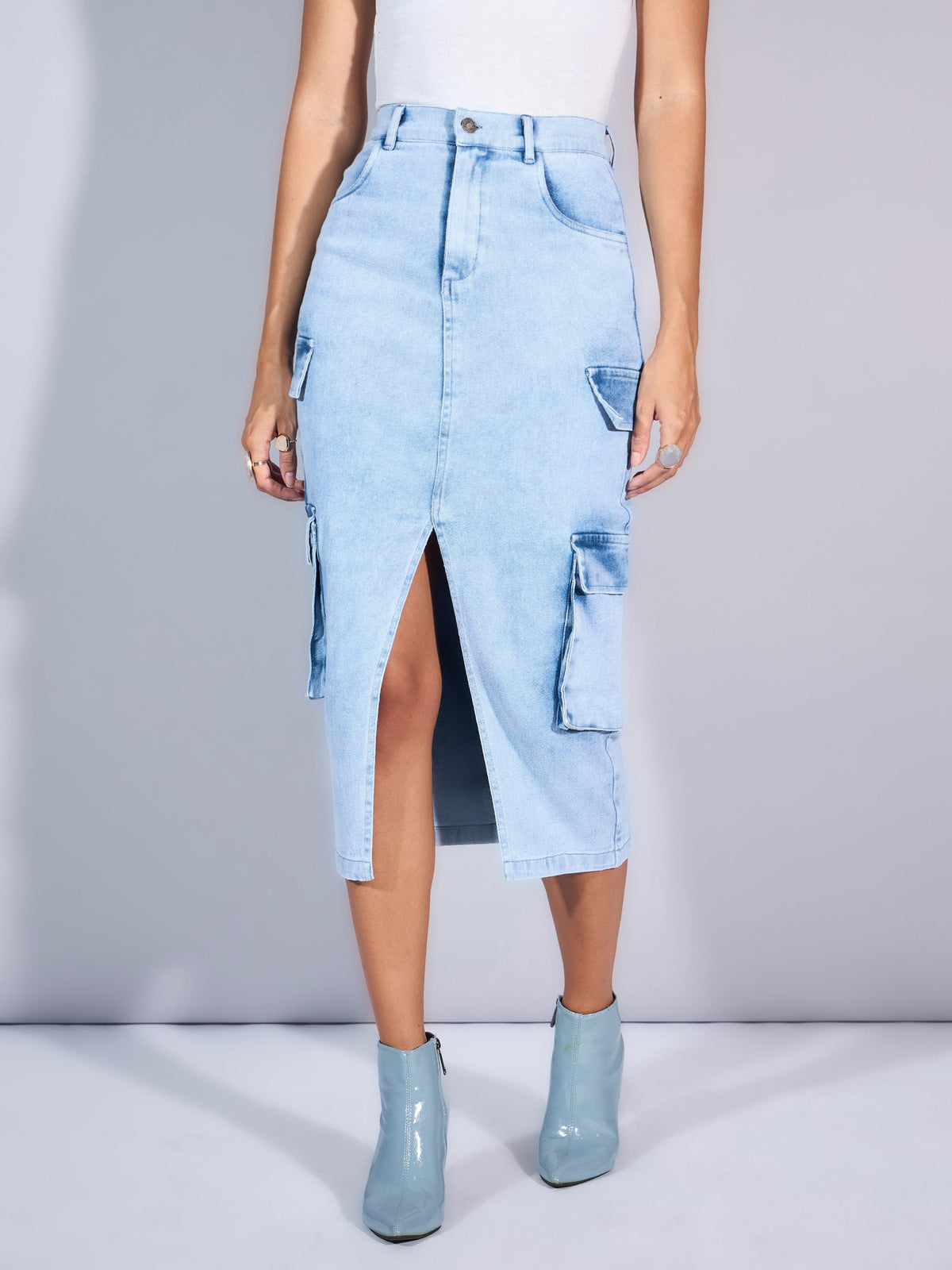 Light Blue Denim Box Pocket Front Slit Midi Skirt-SASSAFRAS