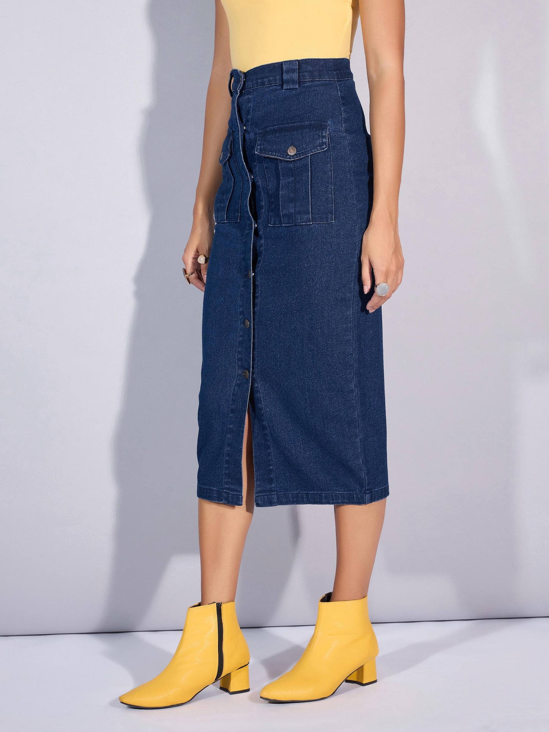 Blue Blast Denim Front Button Midi Skirt-SASSAFRAS