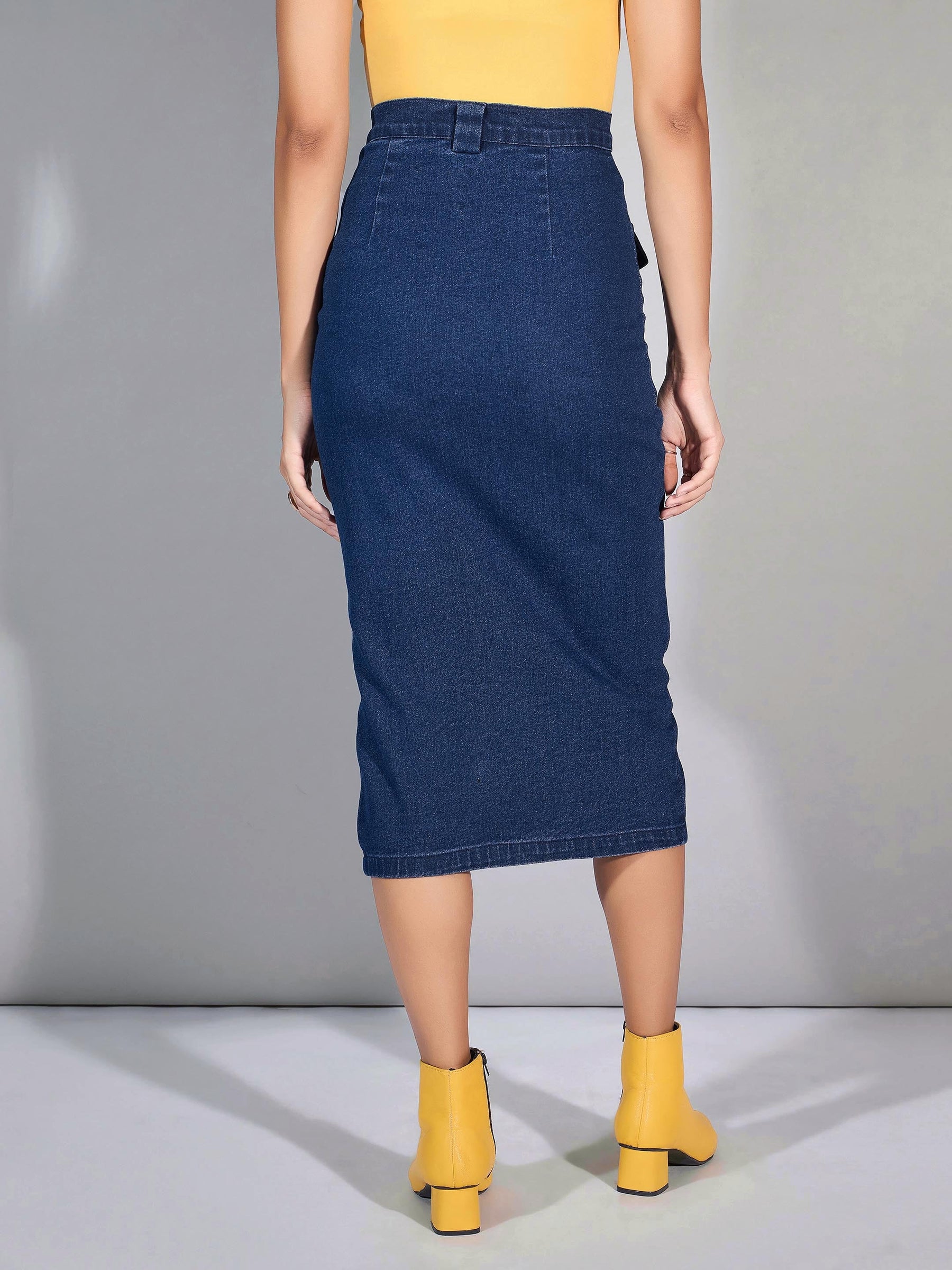 Blue Blast Denim Front Button Midi Skirt-SASSAFRAS