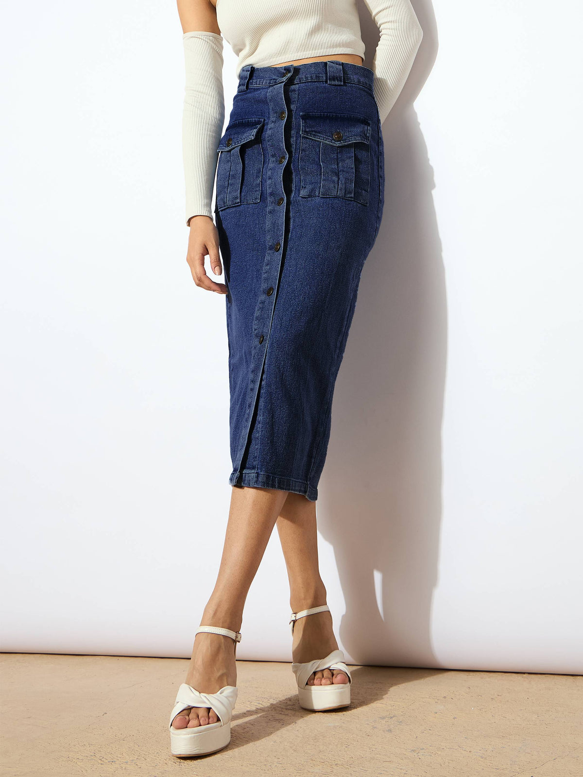 Blue Blast Denim Front Button Midi Skirt-SASSAFRAS