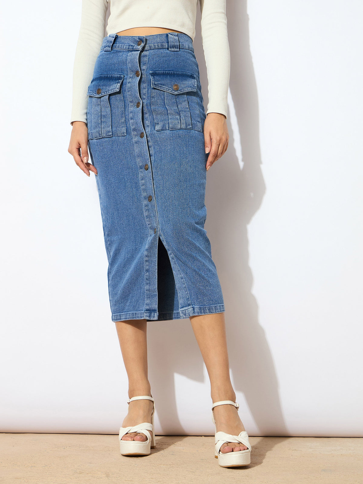 Blue Washed Denim Front Button Midi Skirt-SASSAFRAS