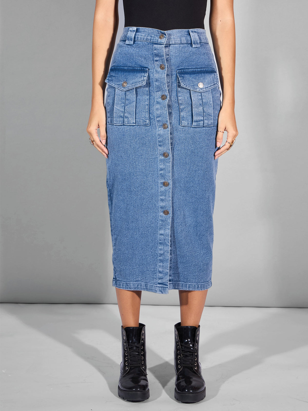 Blue Washed Denim Front Button Midi Skirt-SASSAFRAS