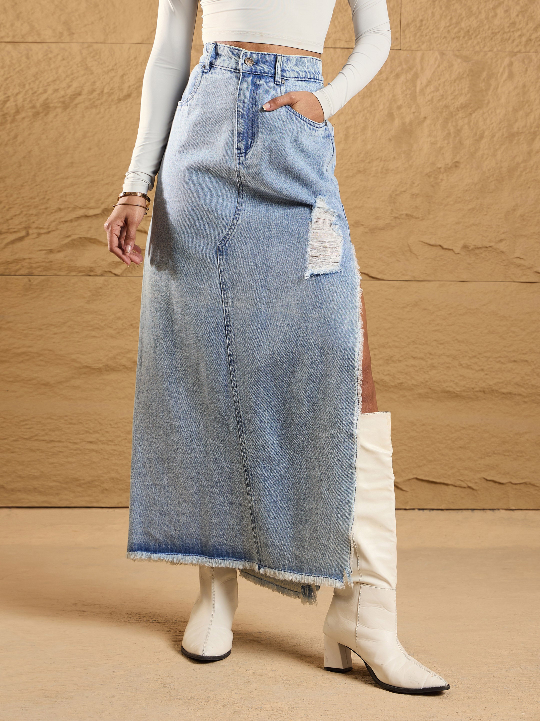 Buy Women Ice Blue Distressed Side Slit Maxi Skirt Online at Best